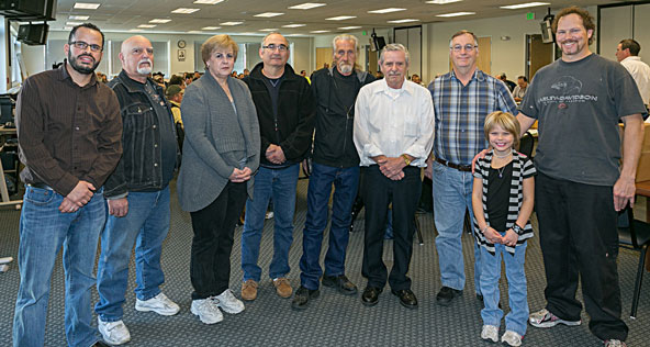 Winning a warm reception at the Advisory Council on Feb. 1 were new manufacturing sector members, from left: Arnaldo Lizarraga, Trayer; Danny Kutulas, Delta Star; Darcelle Sattlet and Norman O’Brian from Shaper-Cooper; Jim Baker, Northrop Grumman; IBEW 2131 Business Manager Jack Floyd; Bill Van Zuylen, Jacobs Technology/Sierra Lobo; and Todd Shiels, Lockheed Martin. That youngster is Todd's daughter and we were glad she could join us for the day. Photo: John Storey