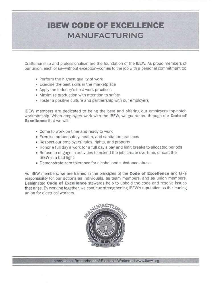 IBEW Code of Excellence handout for Manufacturing membership and employers.