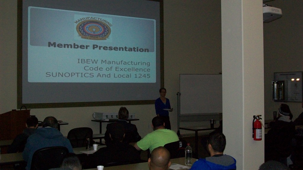 IBEW Education Department International Representative Tracy Prezeau training COE at Sunoptics in Sacramento on March 26, 2015.