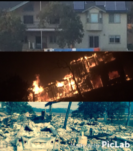 This photo collage depicts the Smith house before, during and after the fire.