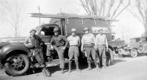 Electric Line Crew working in Manteca, Ca. in 1949, during the great cross-over from the CIO to the IBEW. From left: Theron Hodson, Everett Baldwin, Ed Star, Dewy Clark and Ron Rader. Not pictured: Ray Wilson. IBEW 1245 Archive