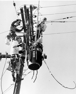 SMUD linemen working in the 1950s, from left, are Archie Horton, Doug Skinner, and Norm Ficker. Foreman on the job was Elmer Klassen. IBEW 1245 Archive