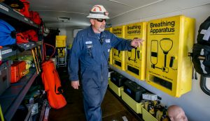 Jesus Leanos, Instrument and Control, explains the function of the “rescue trailer,” a treasure trove of emergency life-saving equipment. 