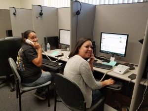 Alicia Cordero and Aileen Zuehlke phone-banking for union-endorsed candidates 