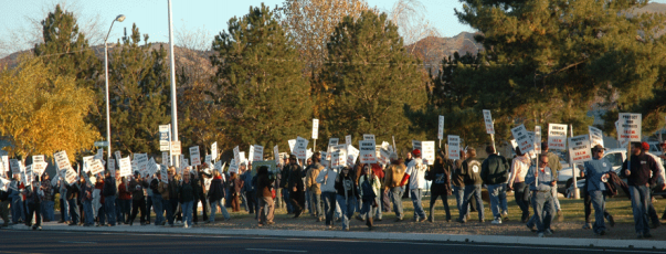 IBEW Local 1245 members and retirees organized a massive picket line at NV Energy’s Ohm Street headquarters in Reno on Nov. 19. 