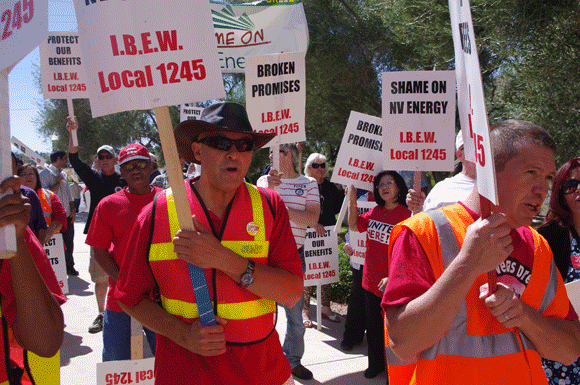 Culinary Workers Local 226 kept the noise up outside when a delegation of IBEW retirees went inside NV Energy headquarters to seek a meeting with CEO Michael Yackira.