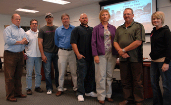 Nevadans attending the trial run of the Control the Pressure safety program on Oct. 7 were welcomed by Business Manager Tom Dalzell. From the left: Dalzell, Business Rep Pat Waite, Adam Weber, John Owens , Ryan Morris, Teri Reseck, Steve Bianco and Nanette Quitt.