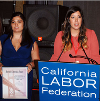 Jammie Angeles, left, and Jennifer Gray were two of the young leaders from Local 1245 who accepted the Young Leaders Award at the California Labor Federation biennial convention. 