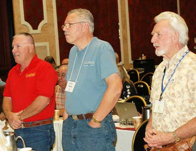 Receiving praise for their efforts on behalf of the Local 1245 Retirees Club and their involvement in the Alliance for Retired Americans are, from left: Tom Bird (Nevada), and Ken Rawles and Bill Wallace (California).