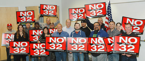 Local 1245’s “No on 32” mobilization team met at Weakley Hall on Oct. 24 to finalize plans for the Get Out the Vote (GOTV) campaign for the Nov. 6 election. From left are: Corey Armstrong, Jennifer Gray, Kevin Krummes, Mike Patterson, Jammi Juarez, Fred Ross, Tanny Hurtado, Chris Crossen, Tom Dalzell, Rick Thompson, Lorenso Arciniega, Tony Rojas, Craig Tatum, Rey Mendoza, Eileen Purcell and Justin Casey.