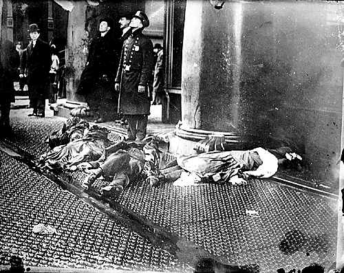 Bodies of women who leaped to their death after their place of work, the Triangle Shirtwaist Factory, caught fire.