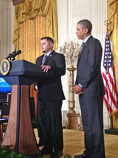IBEW 1245 member Erick Varela, a founding member of the union's Veterans Group, introduced President Obama at a White House event on Jan. 31. 