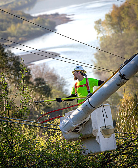 Travis Guy uses a pole pruner to clear branches away from energized 12 KV distribution line in Fortuna, CA. 