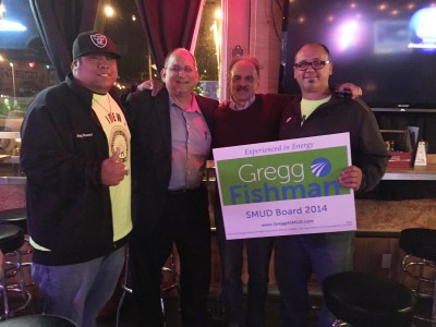 Successful SMUD Board candidate Gregg Fishman, second from left, with IBEW 1245 supporters Ivan Pereda and Eric Sunderland.