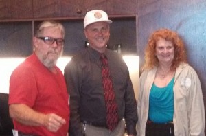 Tom Bird and Rita Weisshaar with IBEW International President Lonnie Stephenson in his new Local 1245 Retirees hat)