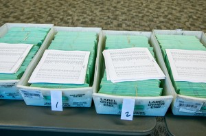 PG&E members sort ballots to be counted for the new contract at the union hall in Vacaville, Calif. on Tuesday, September 22nd, 2015.