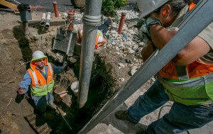 TMWA crew responds to an unexpectedly serious water pipe leak. Working on the crew were Steve Welch, Fitter; Gerald Garza, Operator; and Greg Bates, Foreman.