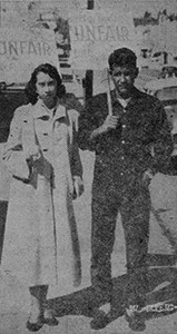 Gloria Fregoso, Operator, and Rogelio Godinez, Installer-Repairman and Local 1245 policy committee member, picket Citizens Utilities office in Susanville during a successful two-week strike in 1957. Utility Reporter 