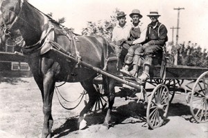 Crew working in PG&E Desabla Division in early 20th century. The 1910 IBEW contract provided for wage hikes and an allowance for the keep of a horse and wagon. Pacific Gas & Electric