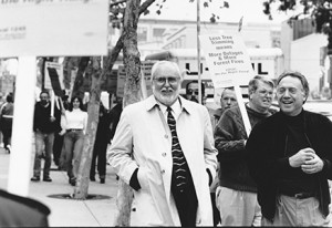 Business Manager Jack McNally, left, and IBEW Legislative Advocate Art Carter picket the CPUC to protect service reliability in 1999.