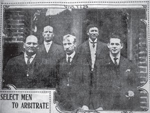 IBEW 151 leader Harry “H.L.” Worthington, on left, was elected to lead the delegation of seven unions negotiating as a group with Patrick Calhoun of United Railroads. In the middle is Richard Cornelius, president of the Street Carmen’s union. 1906. Chronicle/SFHC/SFPL/SB 18 