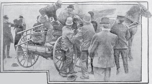 The original caption from the Examiner of May 8, 1907 says the photograph shows the arrest of lineman John Riley, “who obstructed the cars and fought the police until he was beaten into insensibility…” Examiner/SFHC/SFPL/SB 18