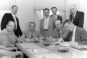 IBEW 1245 negotiating committee in 1957. L. L. Mitchell, seated right, did much of the “heavy lifting” during bargaining with PG&E. IBEW 1245 Archive