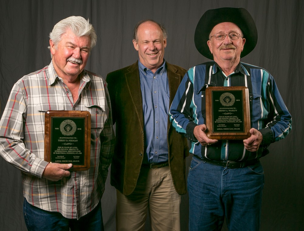 50 year members, left to right, Terry Nieman and  Henry Waelty with Tom Dalzell (center)