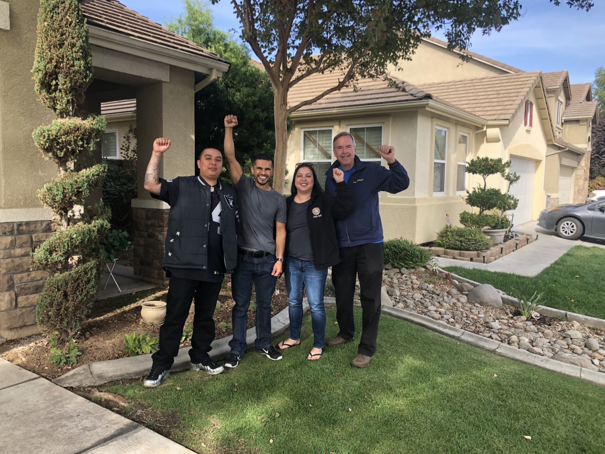 Lead Organizing Steward Rodrigo Flores (second from left) with fellow Organizing Stewards Aileen Zuehlke and Hector Gonzalez, and IBEW 1245 Organizer Fred Ross Jr.