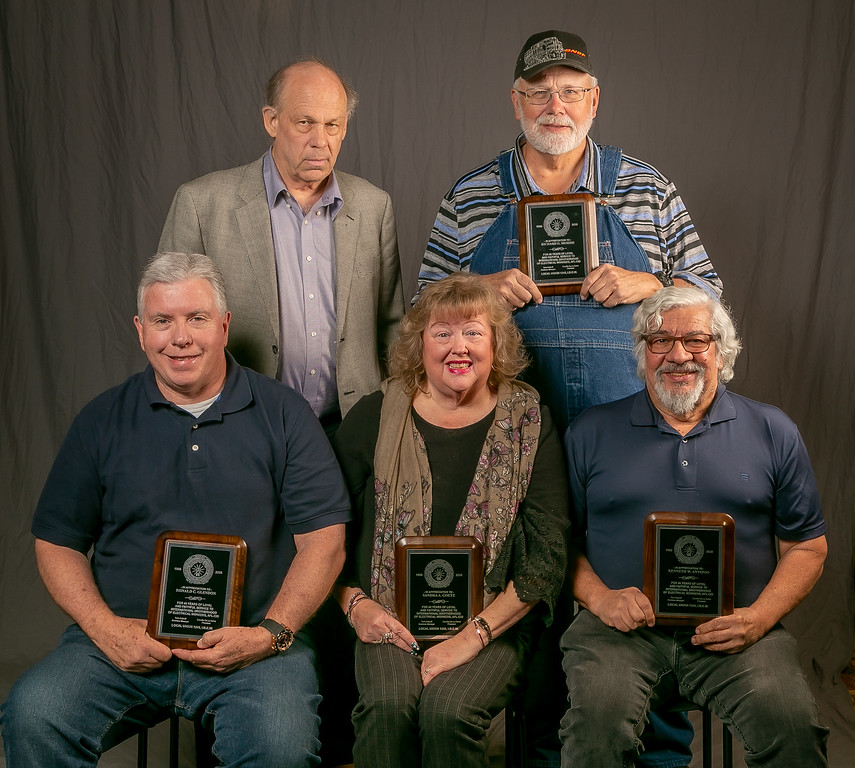 40 year members, from left: Back row- Tom Dalzell and Richard Morris.  Front row- Ronald Glendon, Sandra Goetz, and Kenneth Antonio
