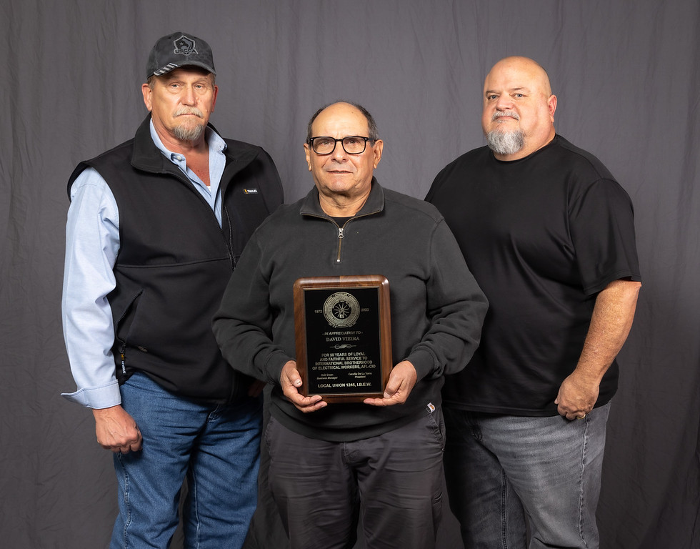 50 year member David Vieira (center) with Business Rep Mike Saner (left) and Business Manager Bob Dean.