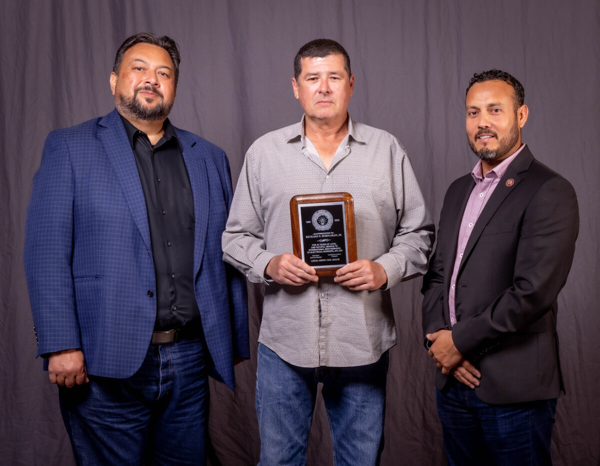 40 year member Richard Bornaman Jr. (center) with Assistant Business Manager Mike Adayan,  and Business Rep Ben Contreras. 