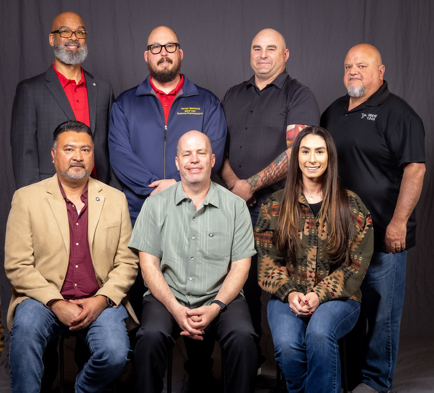10 year members, from left: Front row- Polo Gonzalez, Daniel Plumb, and Karina Garcia. Back row- Senior Assistant Business Manager Anthony Brown, Business Rep Garrett Markwood, Aaron Debacker, and Business Manager Bob Dean. 