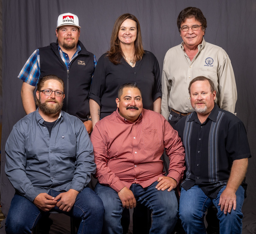 5 year members, from left: Front row- Vance Myers, Gabriel Trejo, and Executive Board Member Willie Garris. Back row- Business Rep James Brager, Jodi Buchnoff, and Business Rep Jim Brager 