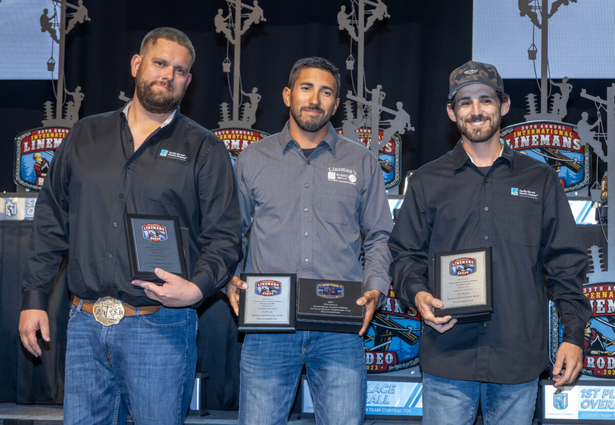 Jacob Hunt, Brandon Gloria, and David Angle (a ‘hybrid’ team of IBEW 1245/PG&E and Local 47/SoCalEdison members) took Fourth Place Overall in the Investor-Owned Utility Division and First Place in the Pole Climb