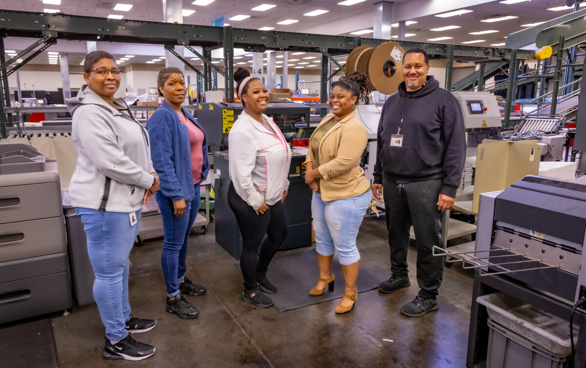 Reprographics/PAGS Department, from left: Reprographics Operator Shellsey Perry, Reprographics Operator Sherri Perkins, Reprographics Operator Dominque Kinos, Job Coordinator TeAna Z. Cooper and Senior Reprographics Operator Shamir Seay. 