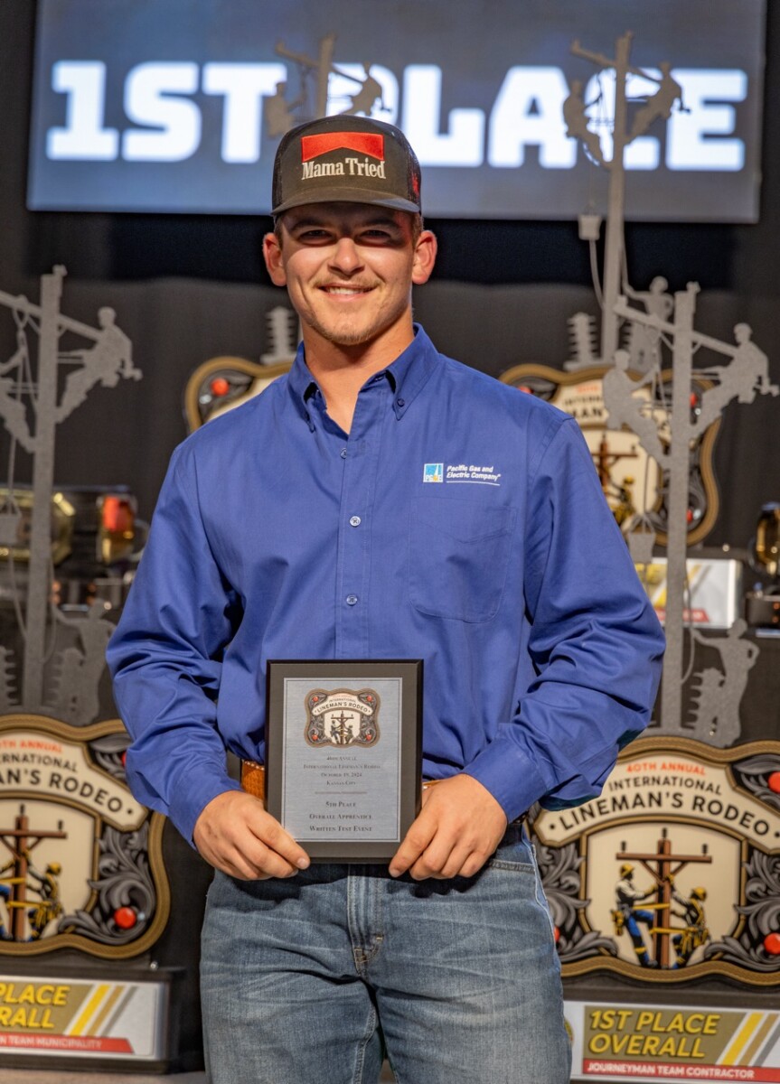 Third Place Apprentice Written Test, PG&E Apprentice Marshall Martens.The International Lineman’s Rodeo awards ceremony in Overland Park, Kansas on October 19, 2024.