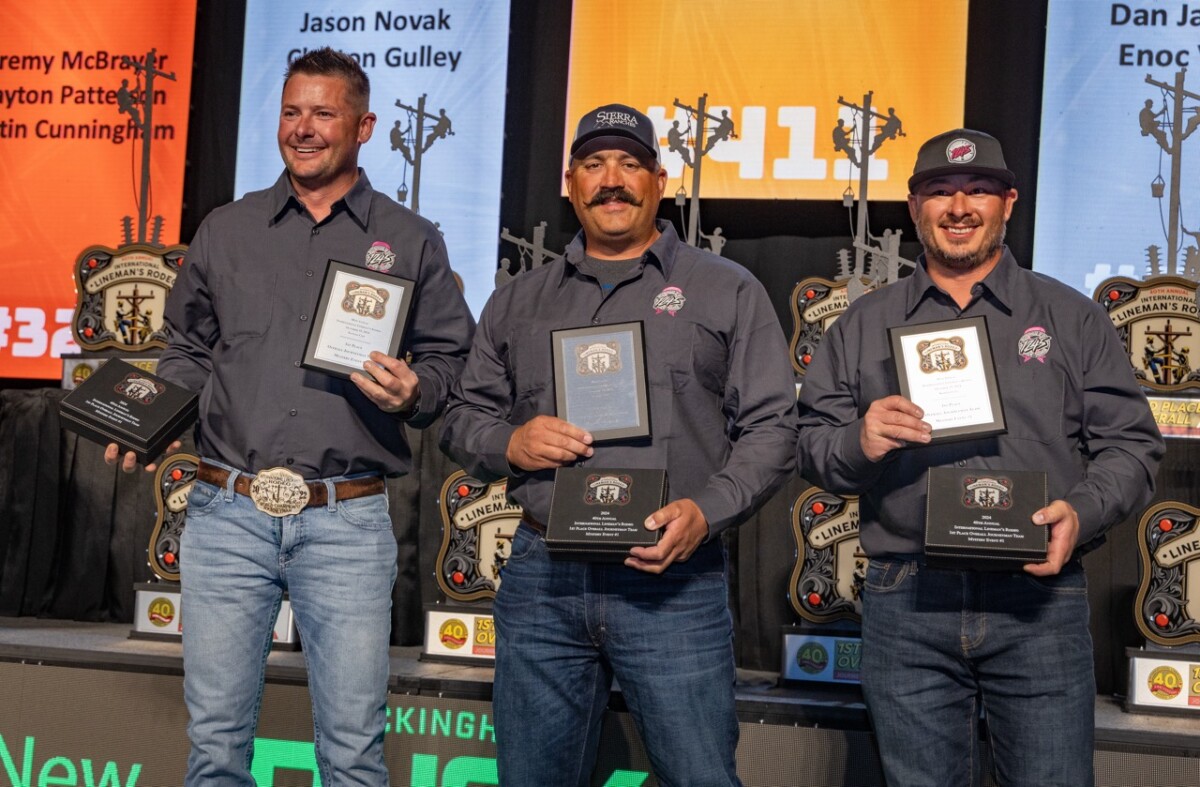 Winner of 1st Place Journeyman Mystery Event #1, Turlock Irrigation District and Local 1245  team of John Damas, Josh Klikna and Dustin Krieger. The International Lineman’s Rodeo awards ceremony in Overland Park, Kansas on October 19, 2024.