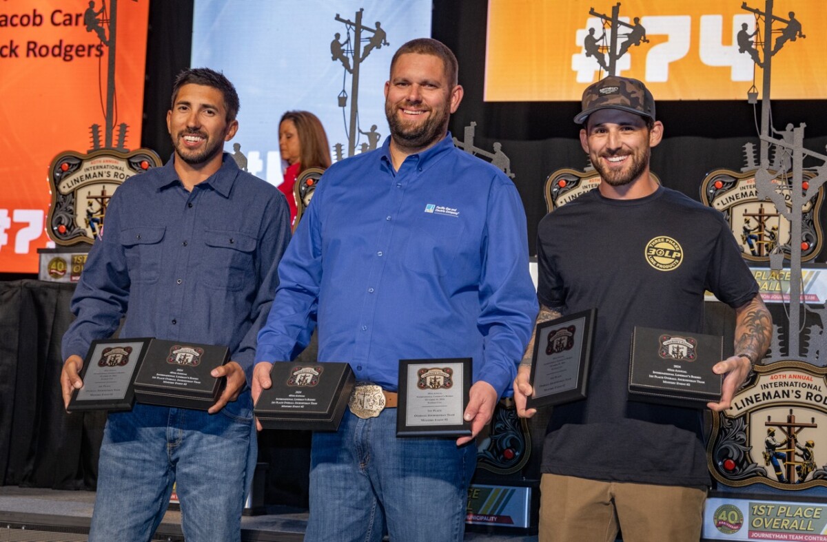 1st place winner of Journeyman Mystery Event #2, PG&E team of Floppy Hunt, David Angove and Brandon Gloria. The International Lineman’s Rodeo awards ceremony in Overland Park, Kansas on October 19, 2024.