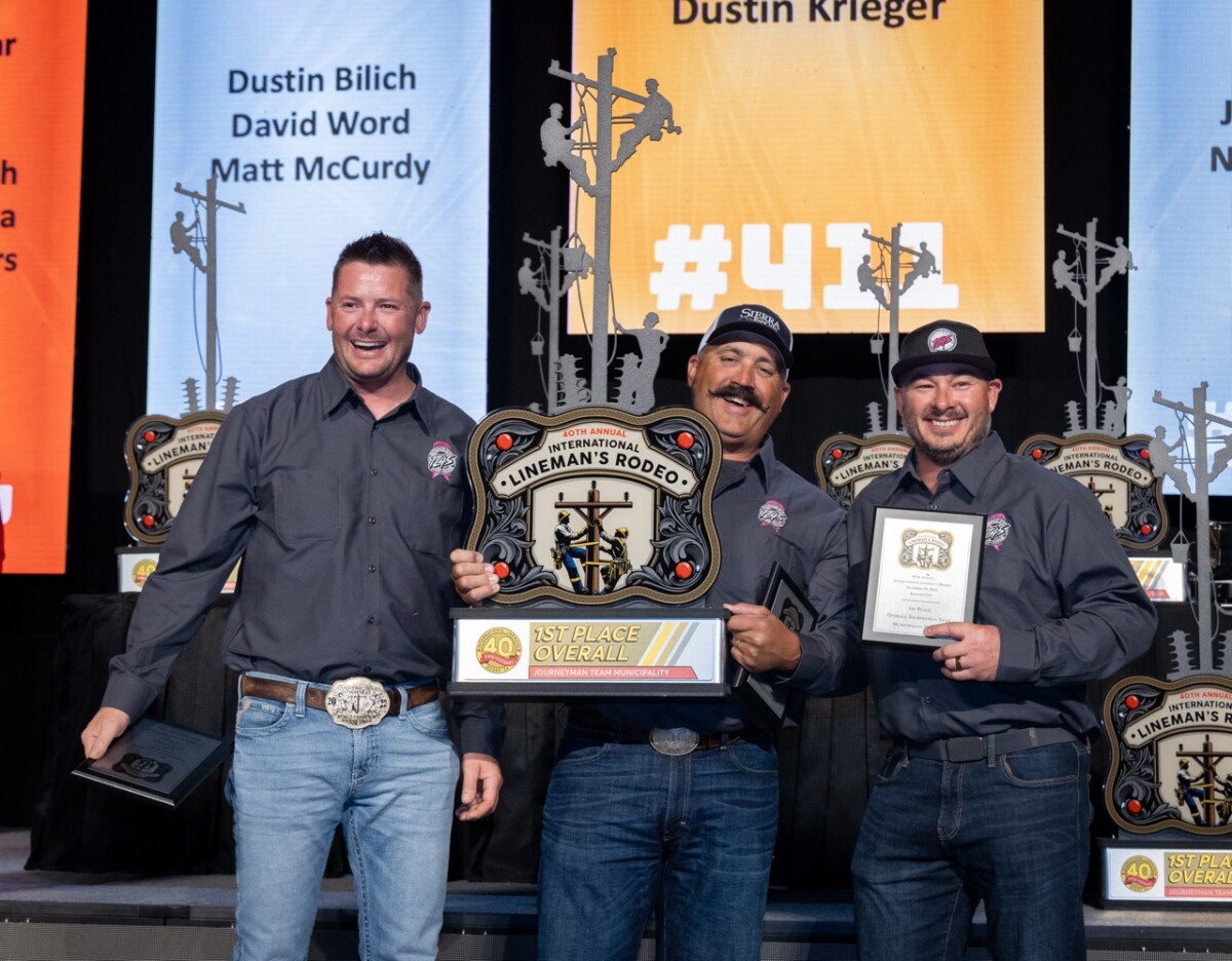 1st place overall for Municipality, the Turlock Irrigation District and Local 1245 team of John Damas, Josh Klikna, and Dustin Krueger. The International Lineman’s Rodeo awards ceremony in Overland Park, Kansas on October 19, 2024.