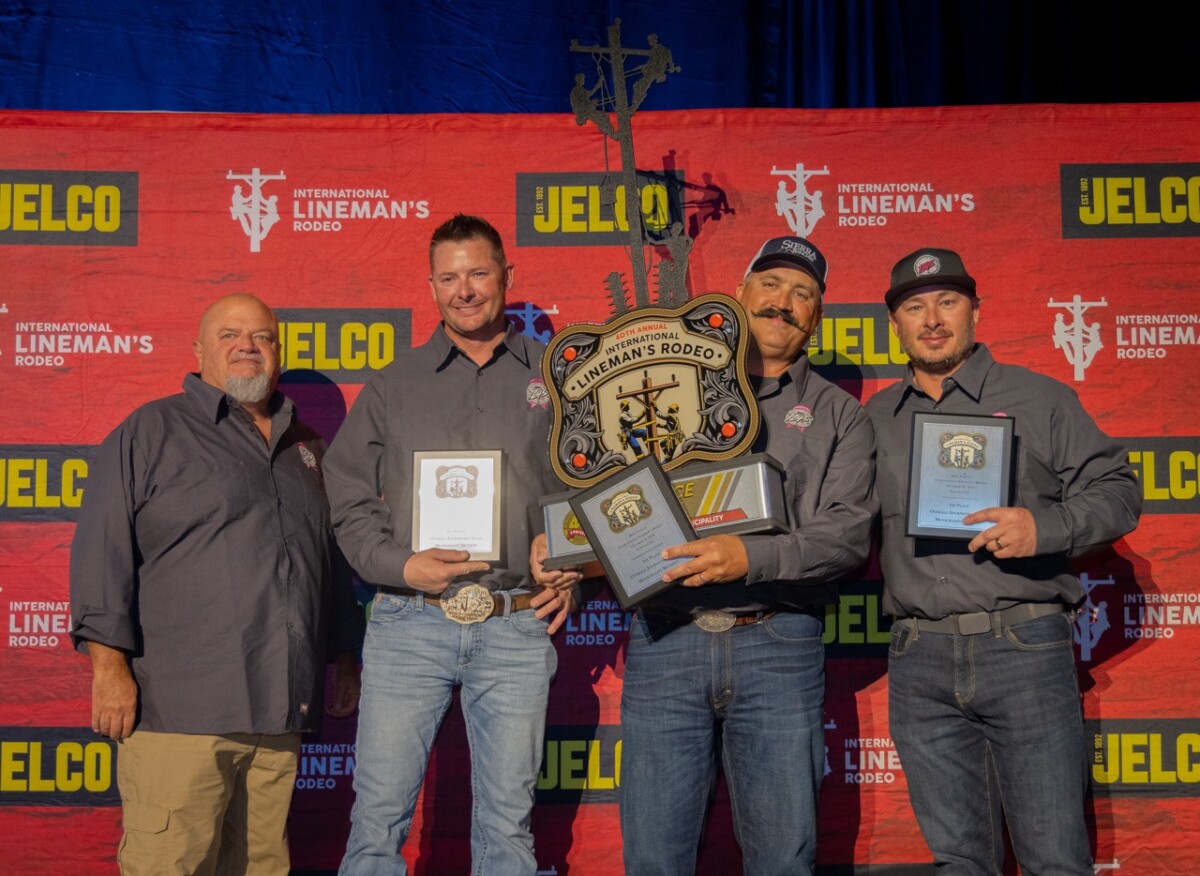 1st place overall for Municipality, the Turlock Irrigation District and Local 1245 team of John Damas, Josh Klikna, and Dustin Krueger with Business Manager Bob Dean.  The International Lineman’s Rodeo awards ceremony in Overland Park, Kansas on October 19, 2024.