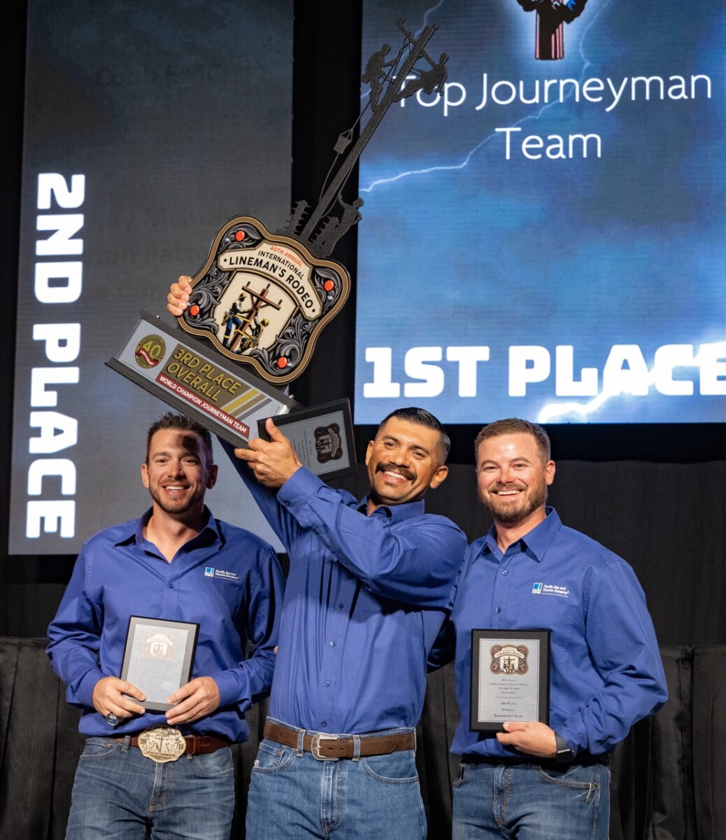 3rd place overall team from PG&E of Brandon Dance, Francisco Flores and Dustin Curry. The International Lineman’s Rodeo awards ceremony in Overland Park, Kansas on October 19, 2024.