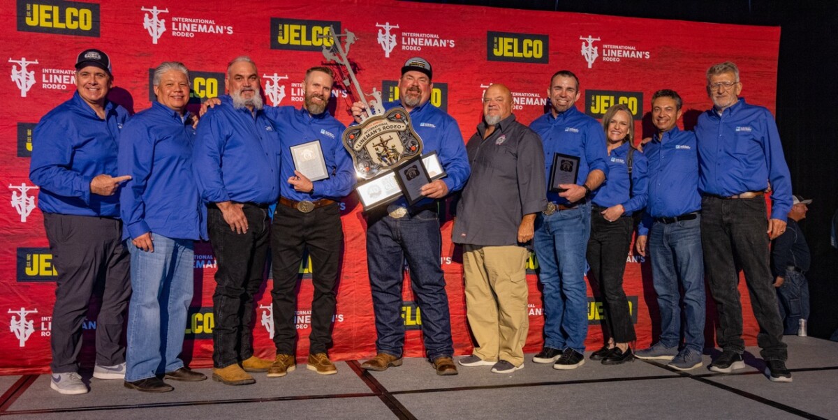 5th place overall, PG&E team of JP Richard, Anthony Albright and Adam Beene with Bob Dean. The International Lineman’s Rodeo awards ceremony in Overland Park, Kansas on October 19, 2024.