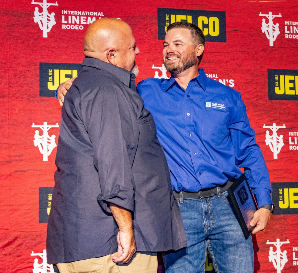 3rd place overall team winner from PG&E of Brandon Dance with Business Manager Bob Dean. The International Lineman’s Rodeo awards ceremony in Overland Park, Kansas on October 19, 2024.